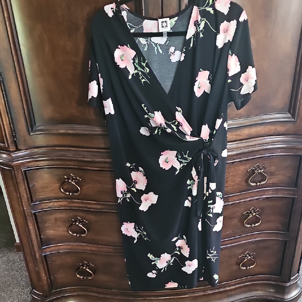 Anne Klein Black and Pink Floral Midi Dress